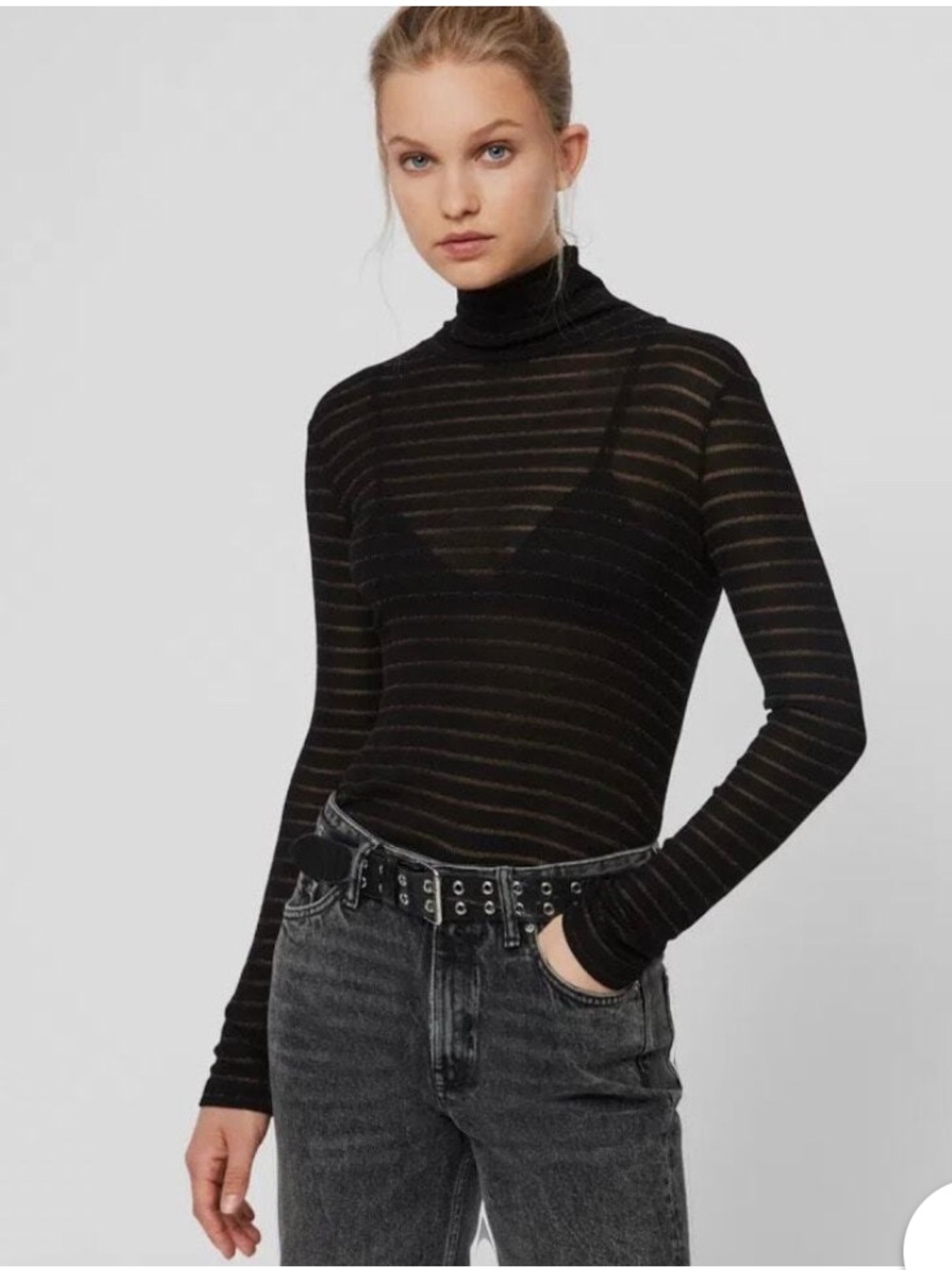 ALLSAINTS Esme Zandy Turtleneck Long Sleeve Black Metallic Ribbed, NWT, Small